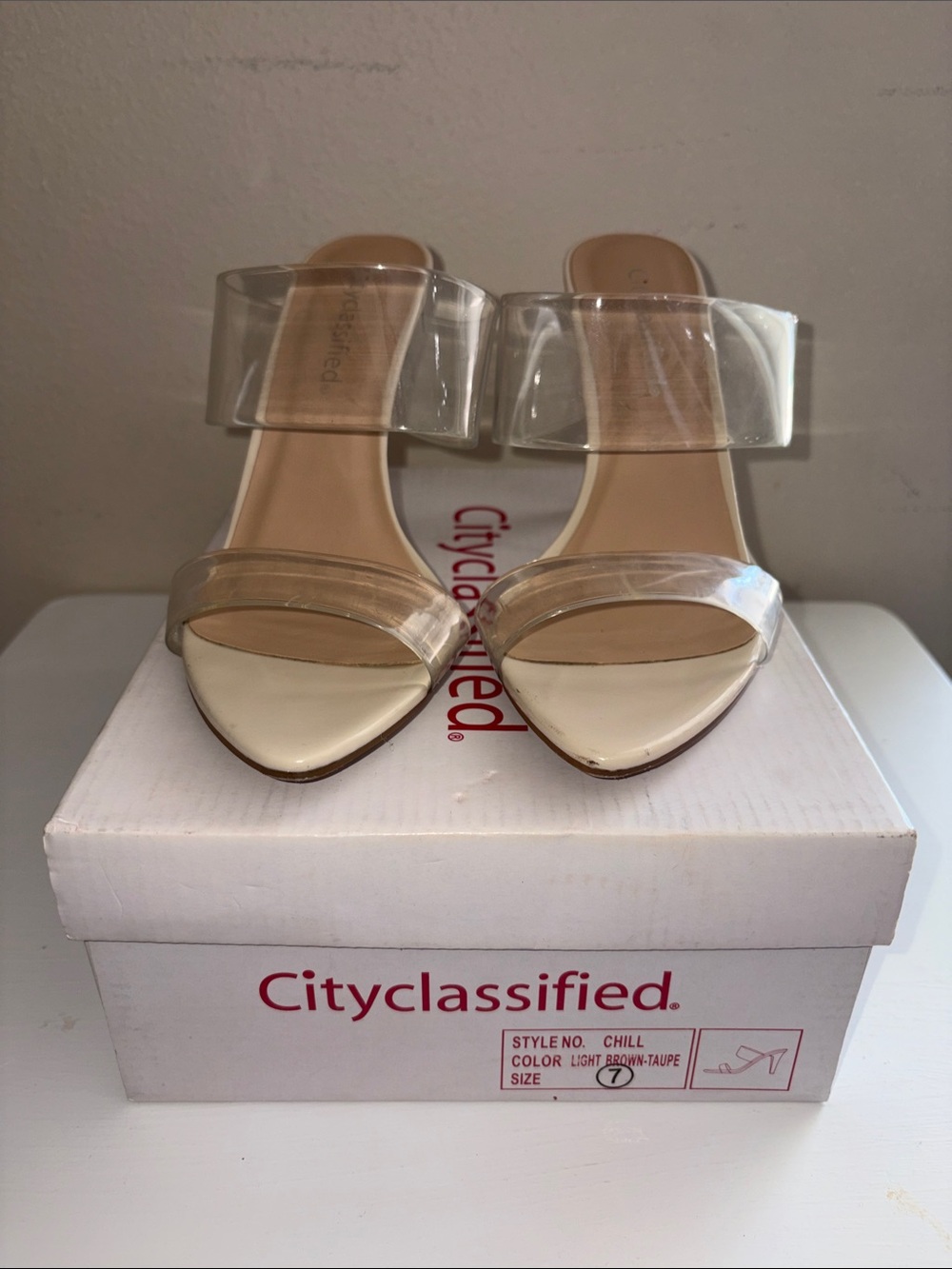 Cityclassified Clear-Strap Ivory Pointed Slide Heels